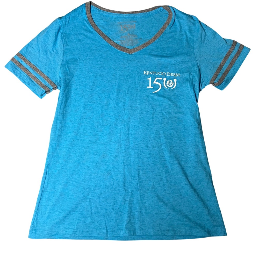 Kentucky Derby 150 Womens T-Shirt Blue Heather Mint Julep Graphic V-Neck Medium
